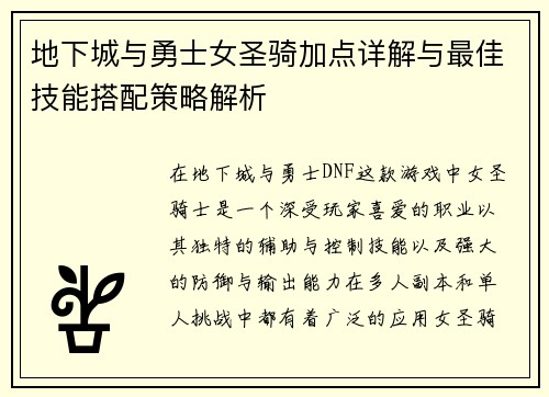 地下城与勇士女圣骑加点详解与最佳技能搭配策略解析