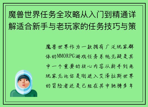 魔兽世界任务全攻略从入门到精通详解适合新手与老玩家的任务技巧与策略 魔兽世界任务全攻略从入门到精通详解适合新手与老玩家的任务技巧与策略